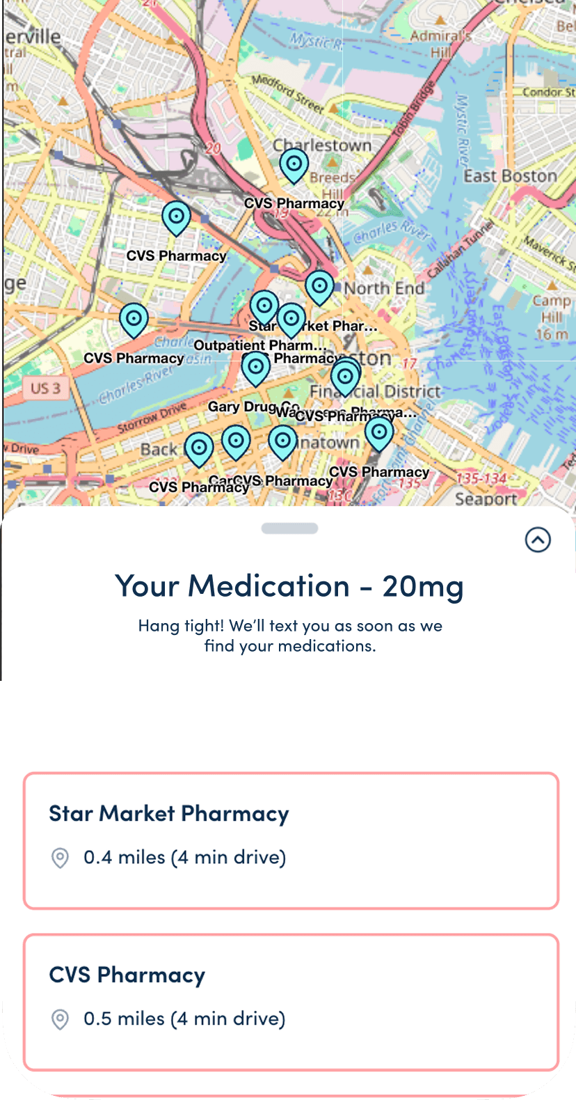 Medfinder search in progress — pharmacies being contacted